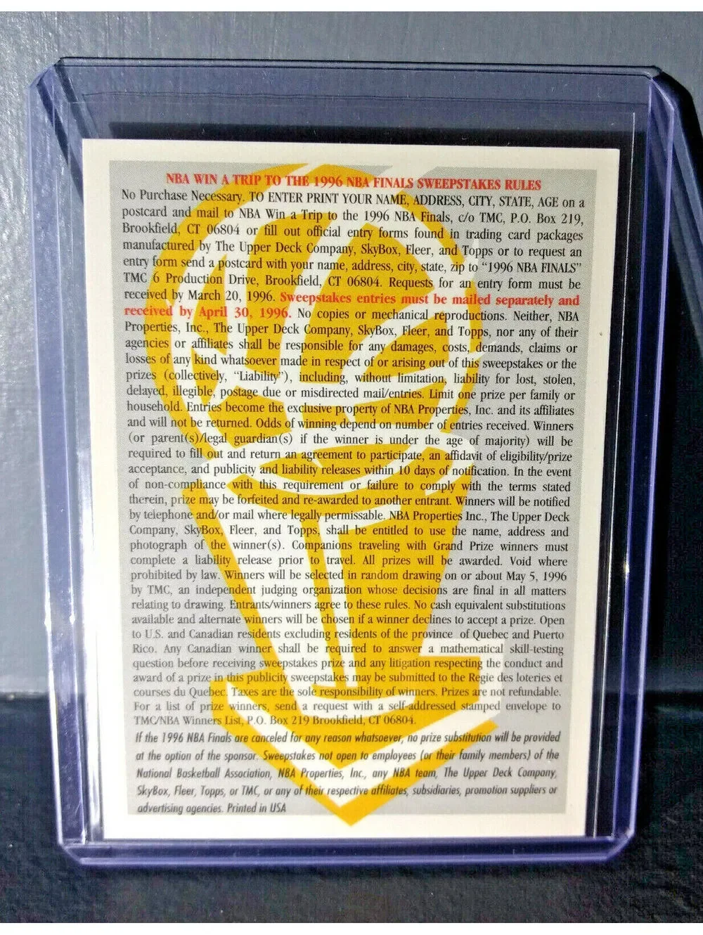 1995-96 Fleer Ultra 1996 NBA Finals Contest Card - Jordan Bulls vs Supersonics